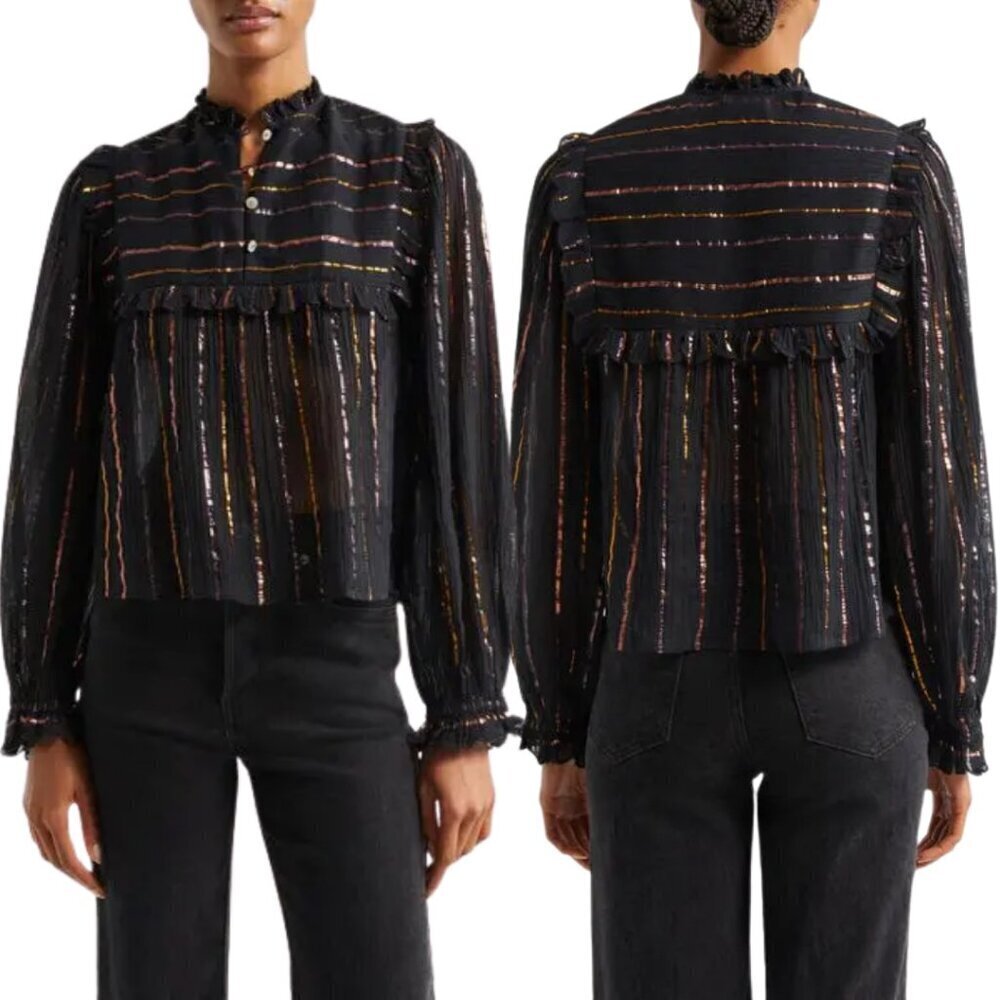 Farm Rio Metallic Stripe Ruffle Shirt Blouse Women's Small Black Top Boho NWOT